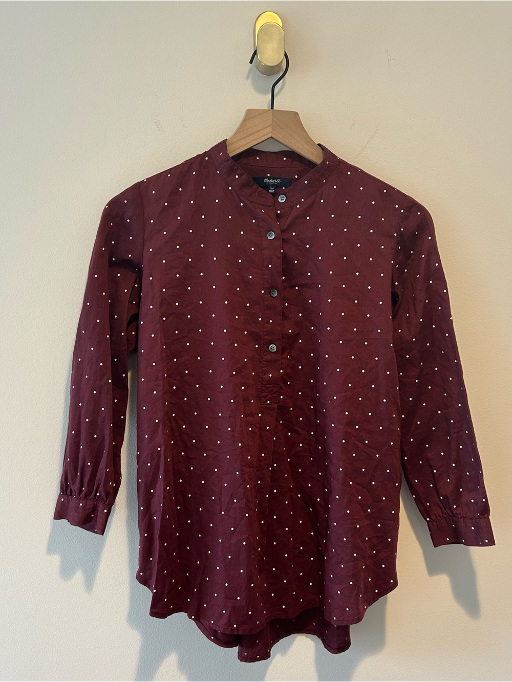 Madewell 1937 Burgundy Polka Dot Shirred Henley Band Collar 100% Cotton Peasant
